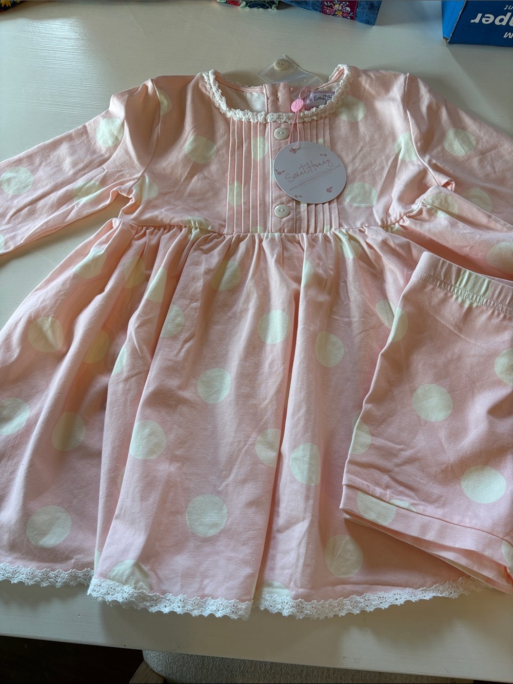SweetHoney Pink and White Polka Dot Long-Sleeve Dress Set